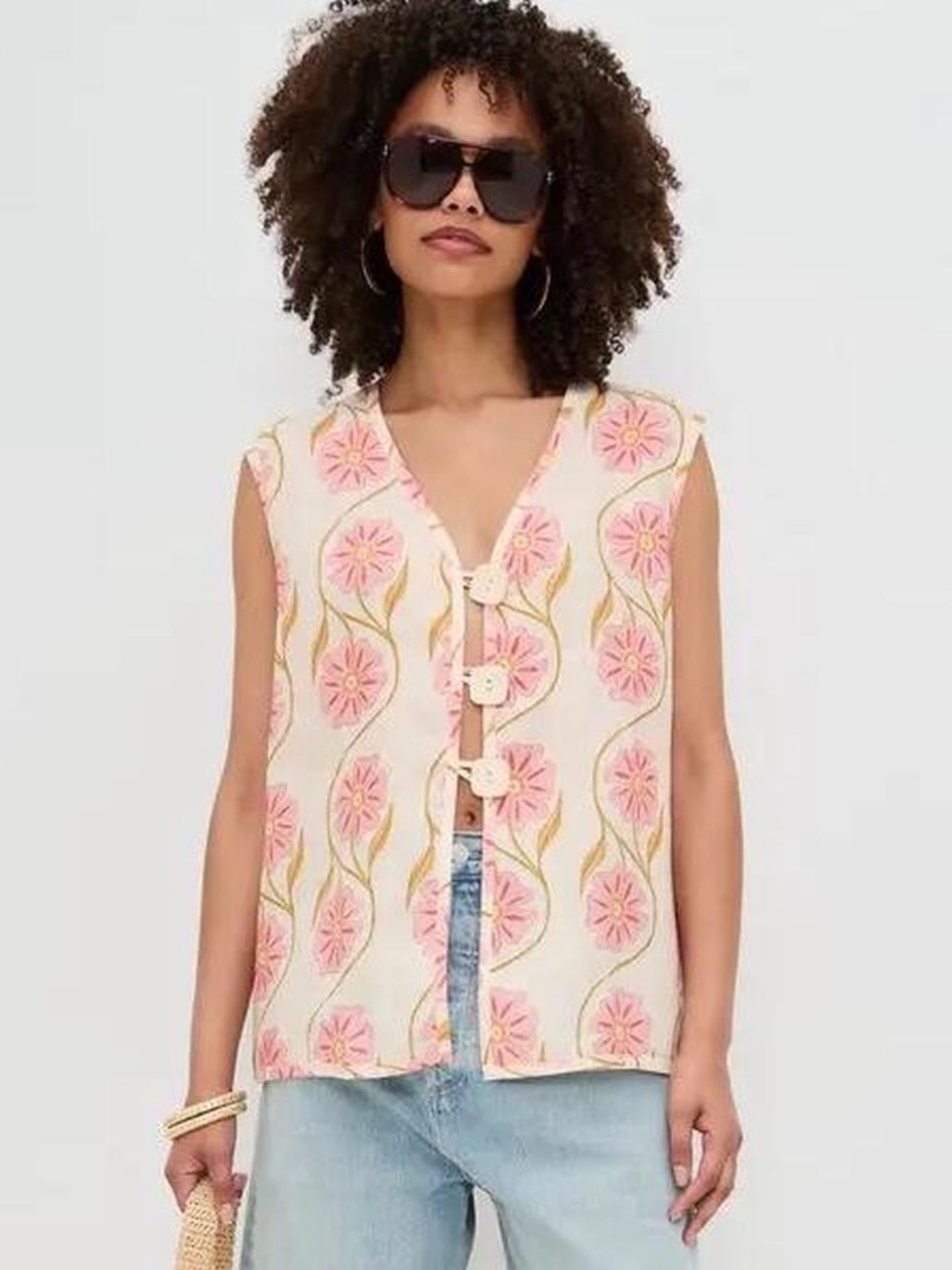 VRG GRL Lorena 100% Linen Vest Floral Bloom Top Shirt flower pink big button